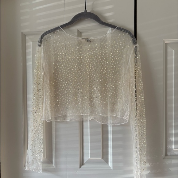 Bear Dance Tops - Bear Dance Ivory Sheer Pearl-Embellished Long Sleeve Top